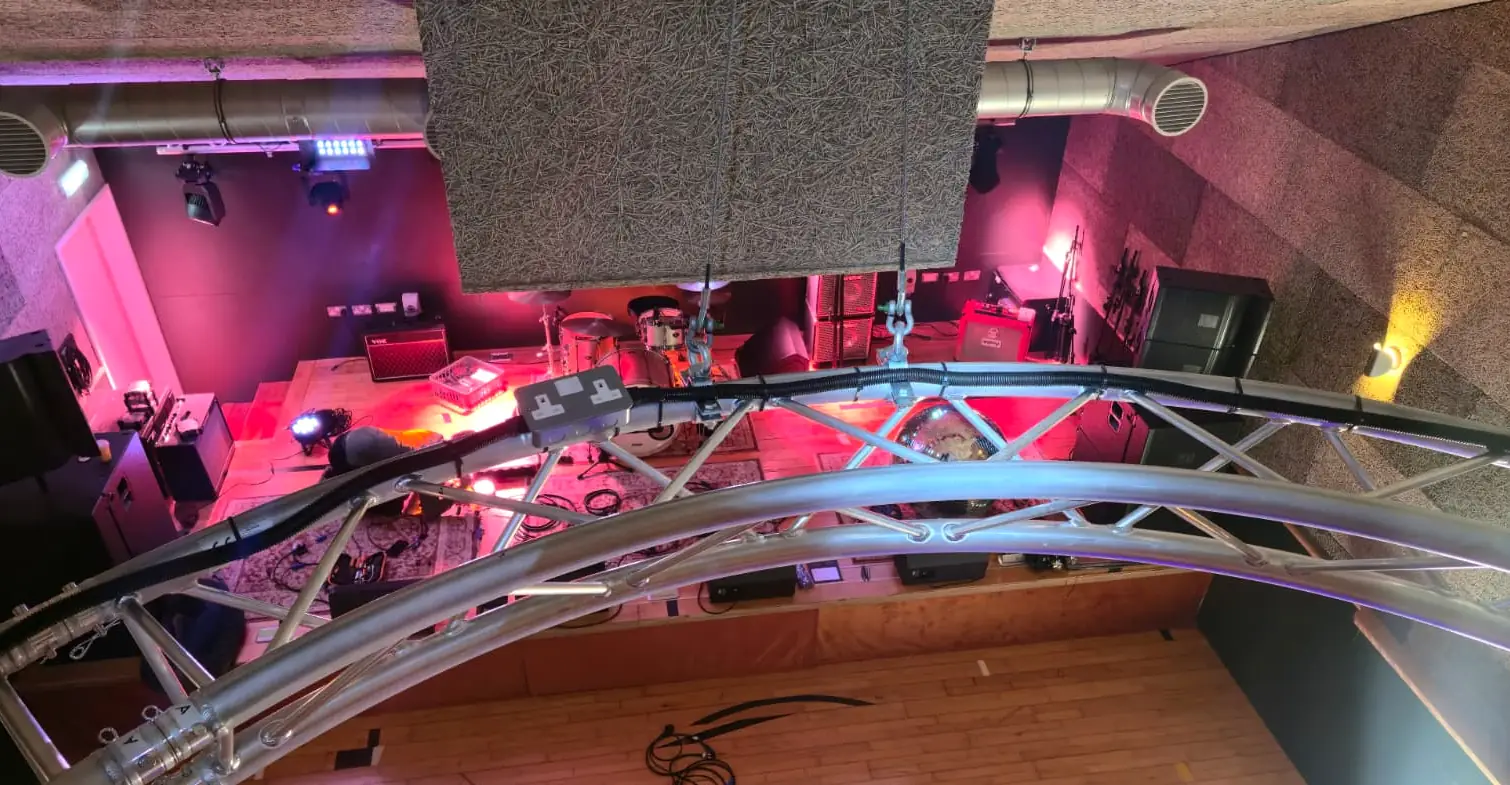 AV truss, stage lighting and sound equipment being installed at The Ruze